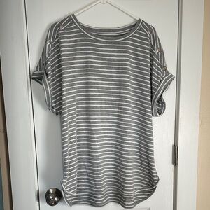 Cupio Gray and White Striped Short Sleeve Top silver button detail 1x